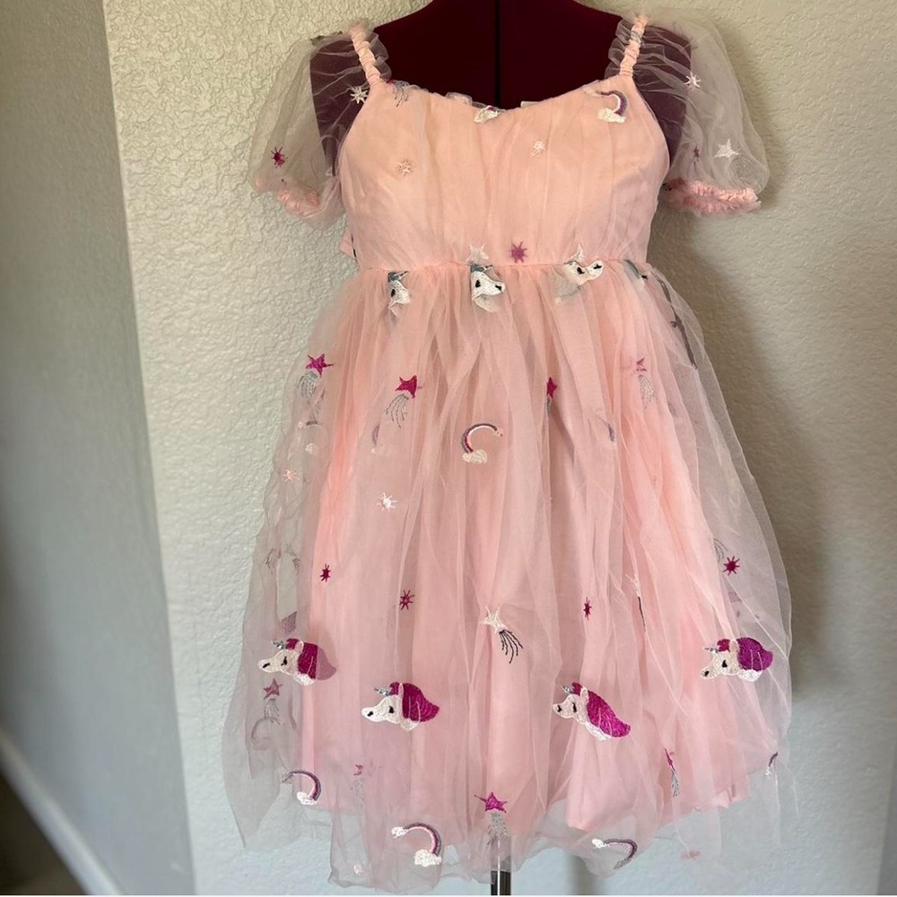 Pink Unicorn and Star Embroidered Dress